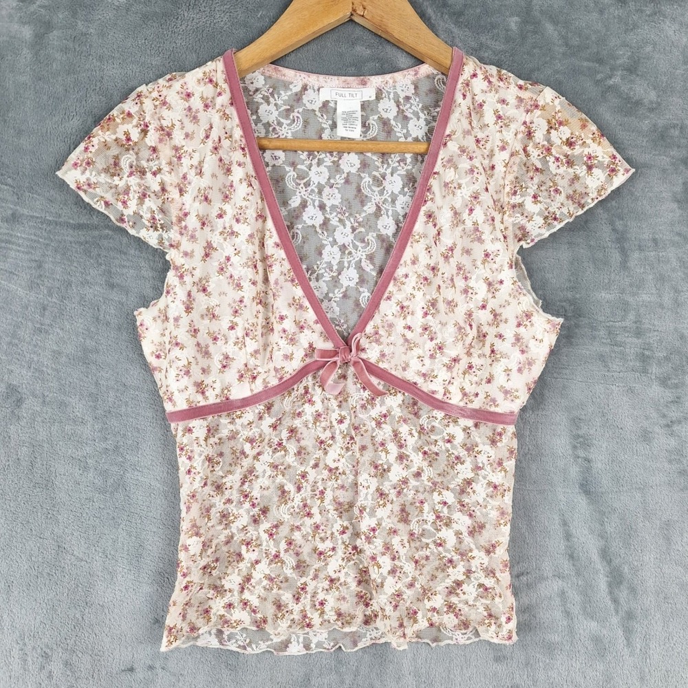 Womens Top Medium‎ Babydoll Y2K Floral Lace Coquette Girly Fairy Sheer Romantic